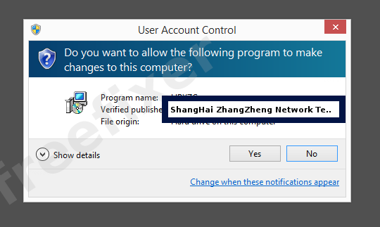 Screenshot where ShangHai ZhangZheng Network Technology Co., Ltd. appears as the verified publisher in the UAC dialog